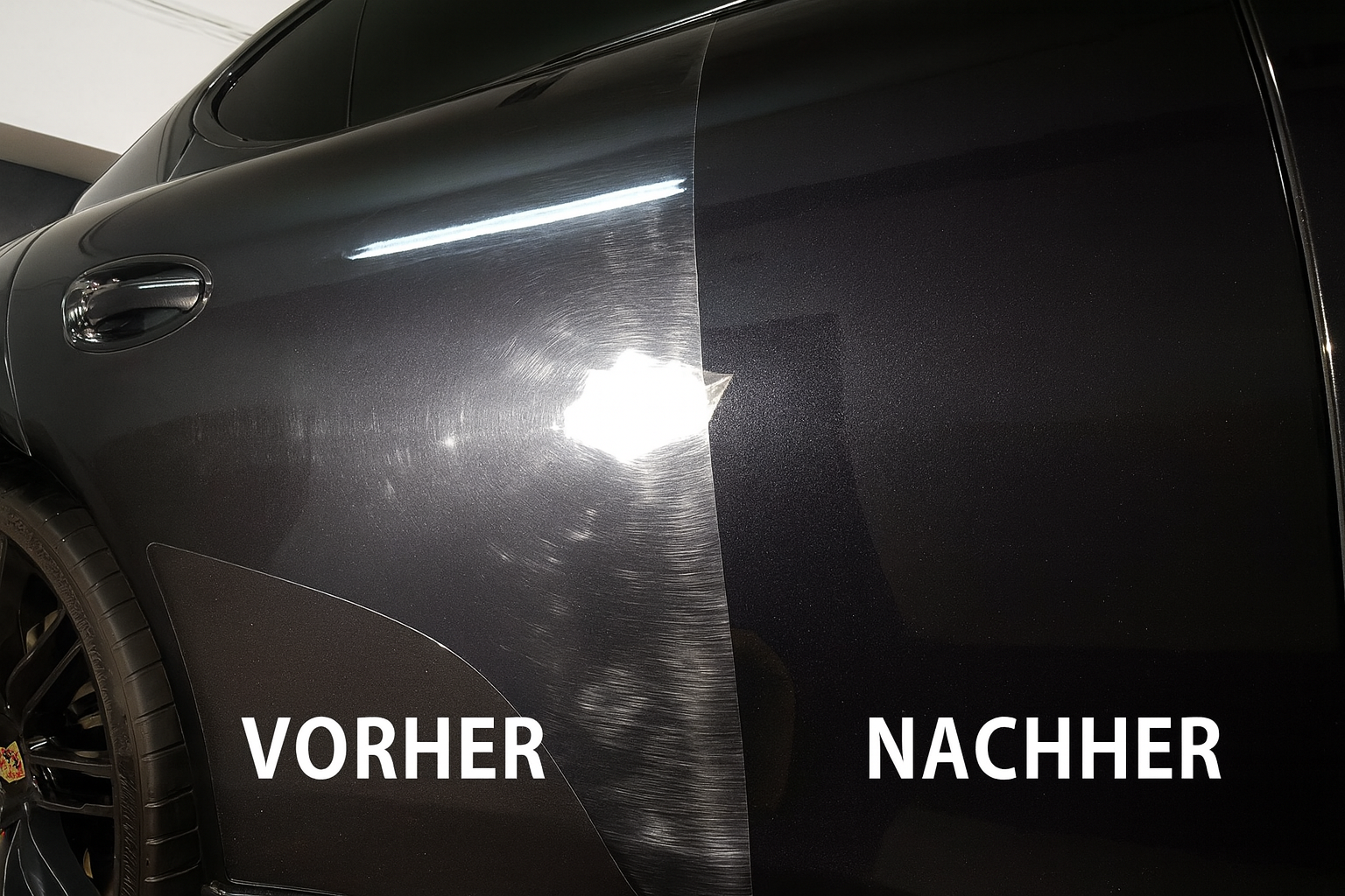 Vorher/Nachher – Lackkorrektur nach dem Polieren (VORHER links, NACHHER rechts)